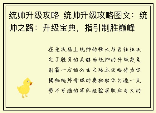 统帅升级攻略_统帅升级攻略图文：统帅之路：升级宝典，指引制胜巅峰